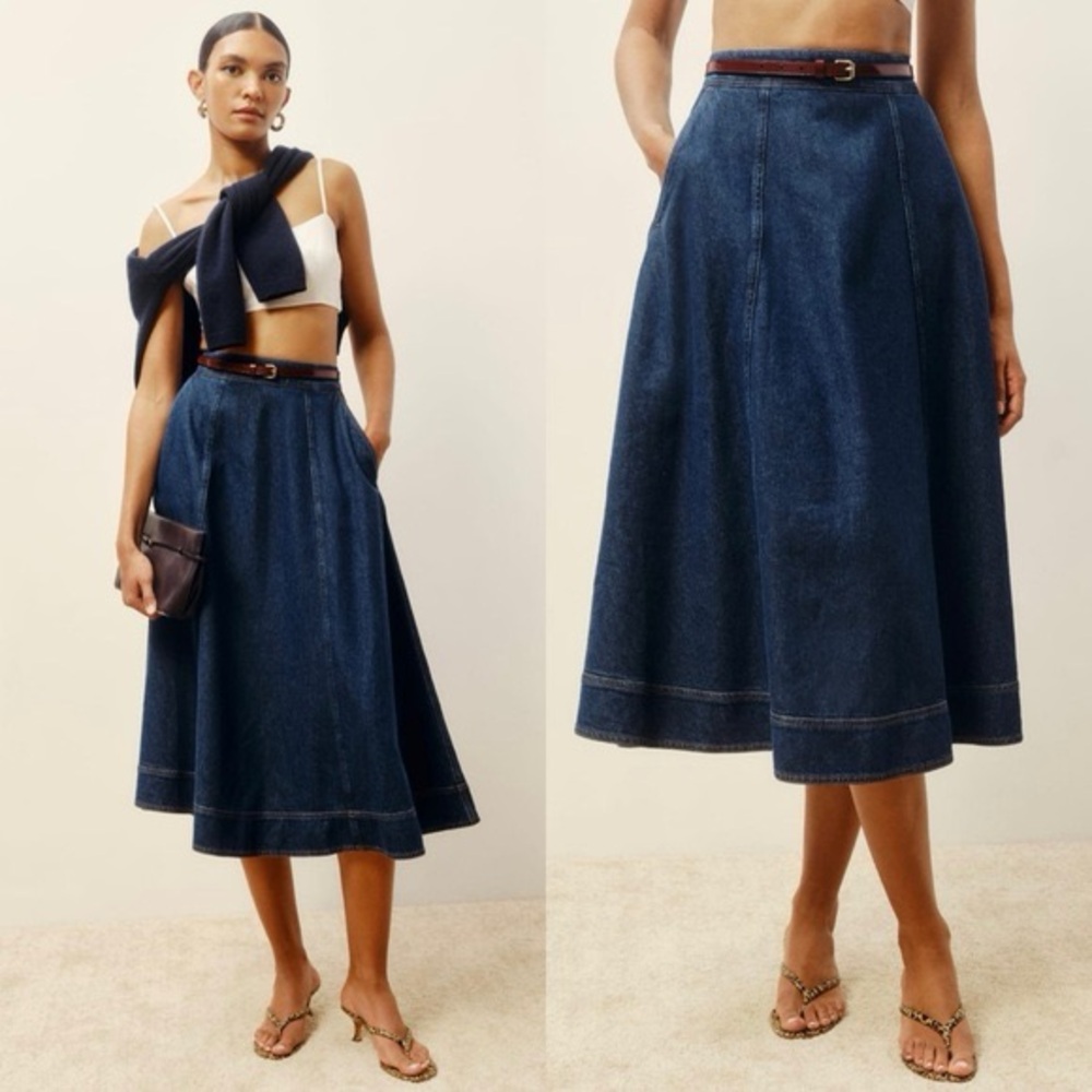 Reformation Delilah Denim Midi Skirt Dark Rinse Organic Cotton Sz 33